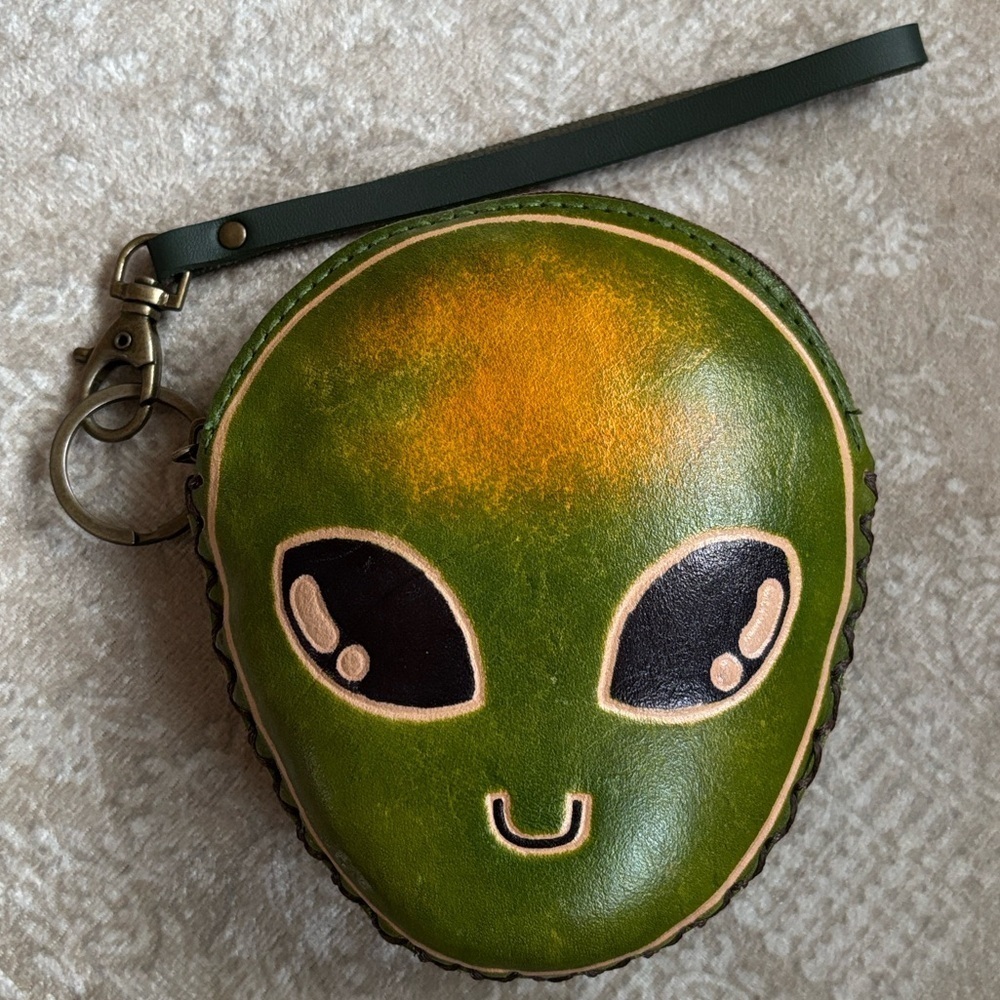 Genuine Leather Handstitched Green Alien Face Zippered Coin Purse Wristlet Y2K